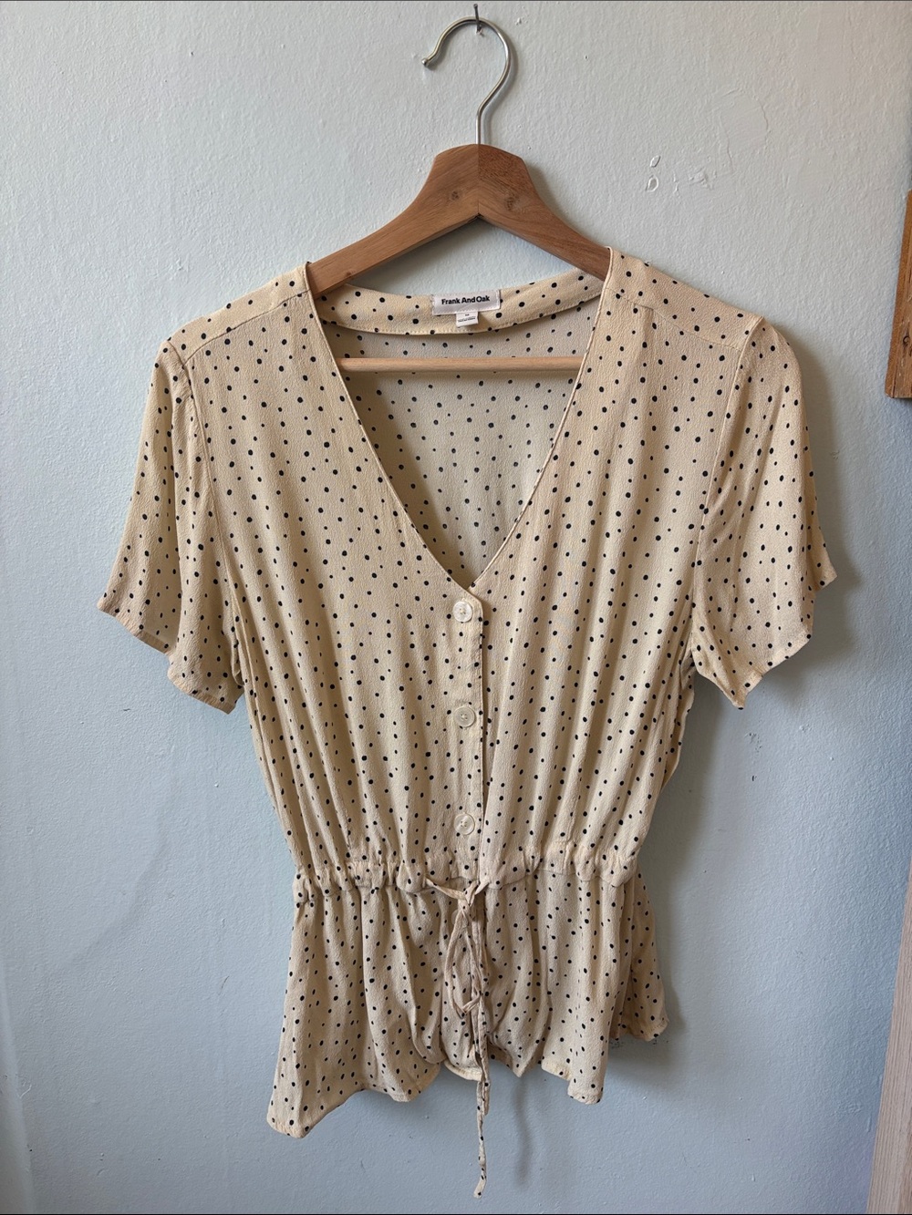 Frank & Oak Beige Polka Dot Button-Front Tie-Waist Blouse